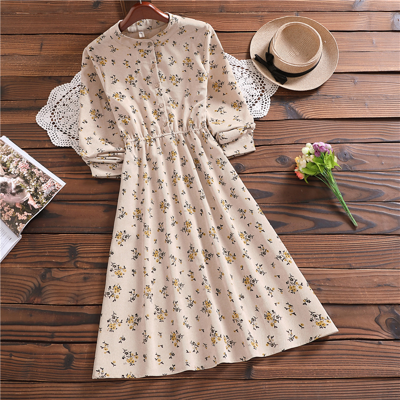 Spring autumn elegant mori girl sweet vestidos new arrivals long sleeve floral corduroy dress for lady alx