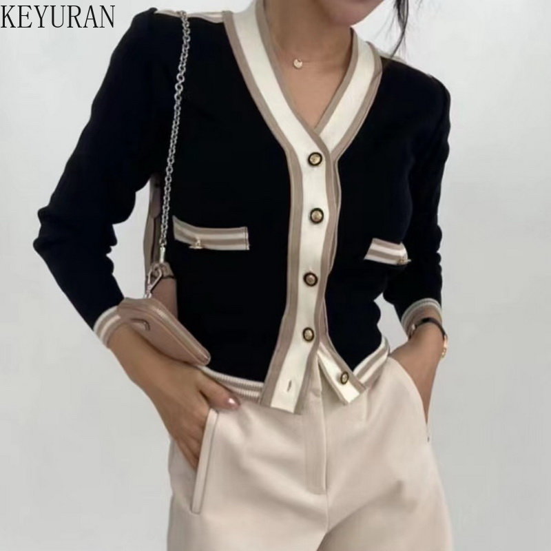 2023 Spring Autumn Striped Sweater Women Korean Fashion V-neck Slim Fit Long-sleeved Crop Top Knitted Cardigan Jacket Women Y2k alx