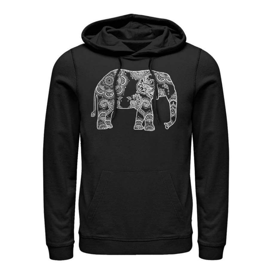 Lost Gods Men’s Henna Elephant Design  Lightweight Hoodie Black