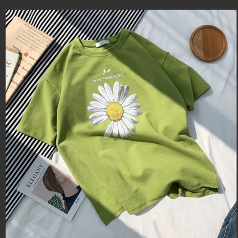 Summer Cotton T -shirt Casual Loose Short Sleeve Tops Women 2021 Printed Wild Bottoming Shirt Daisies Tee Oversized Tshirt alx