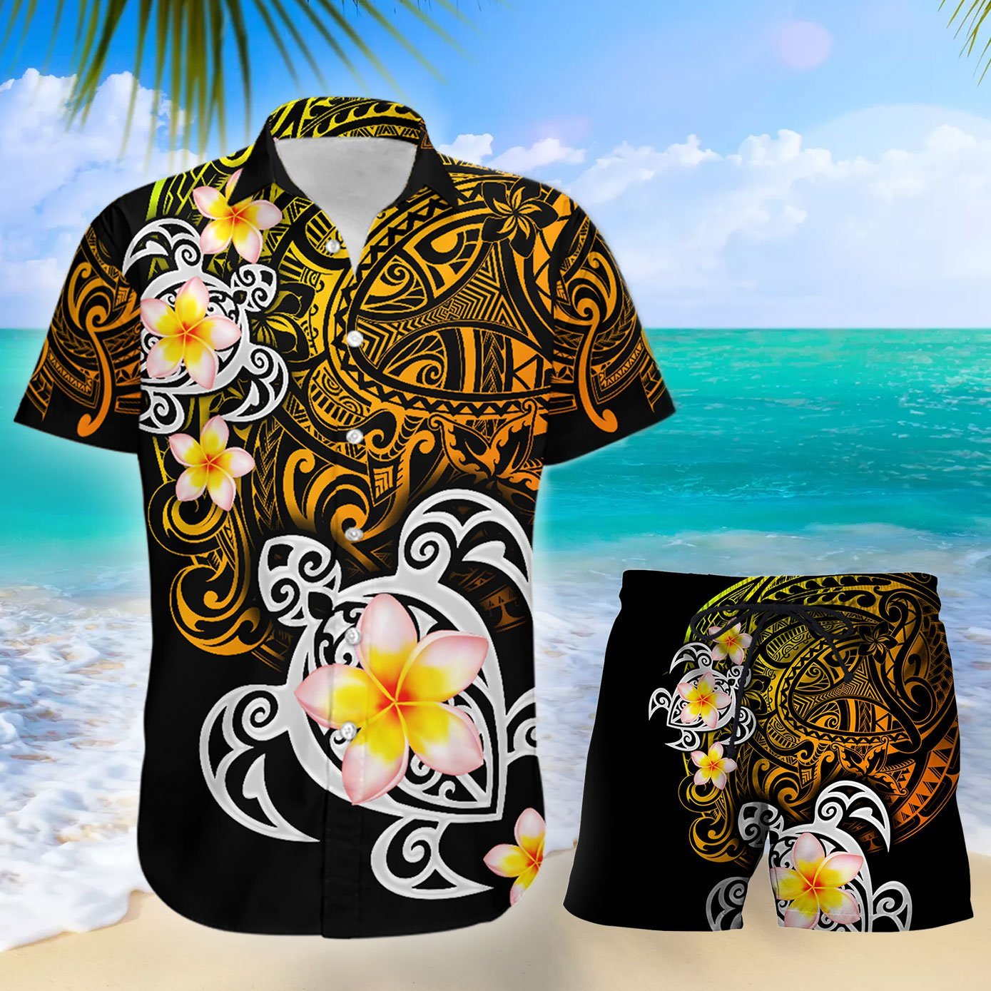 Amazing Polynesian Golden Maori Tattoo Combo Hawaii Shirt And Short Ha10370