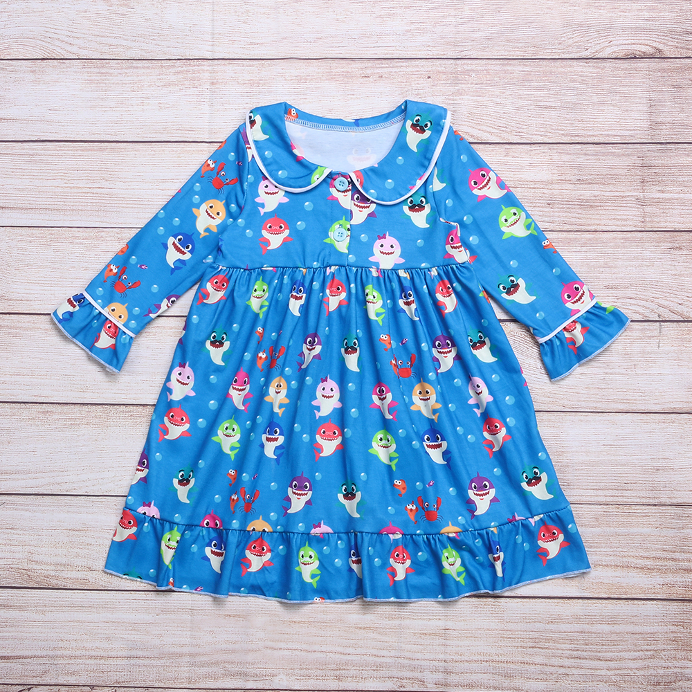 Baby Girl Clothes Cotton Dress Summer New Style Cute Shark Bubble Crab Fish Pattern One-Piece Beautiful Sea Blue Dress For Girls alx