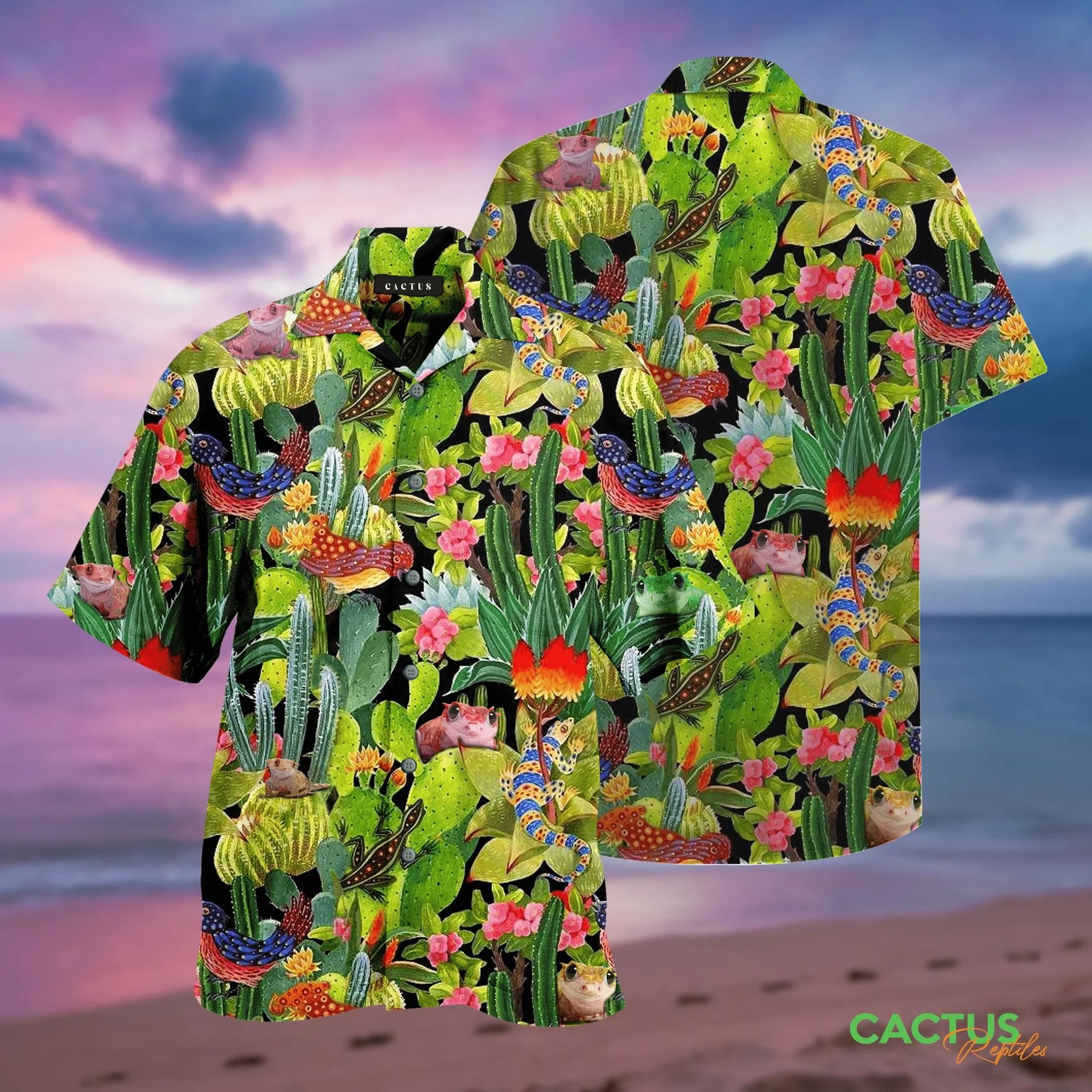 Tropical Cactus And Reptiles Cute Aloha Hawaiian Shirt Colorful Short Sleeve Summer Beach Casual Shirt For Men And Women