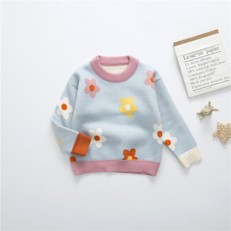 2022 Autumn Winter Girls Floral Knitted Sweater Baby Kids Thick Keep Warm Long Sleeve Tops Toddler Children’s Pullover for Girls alx