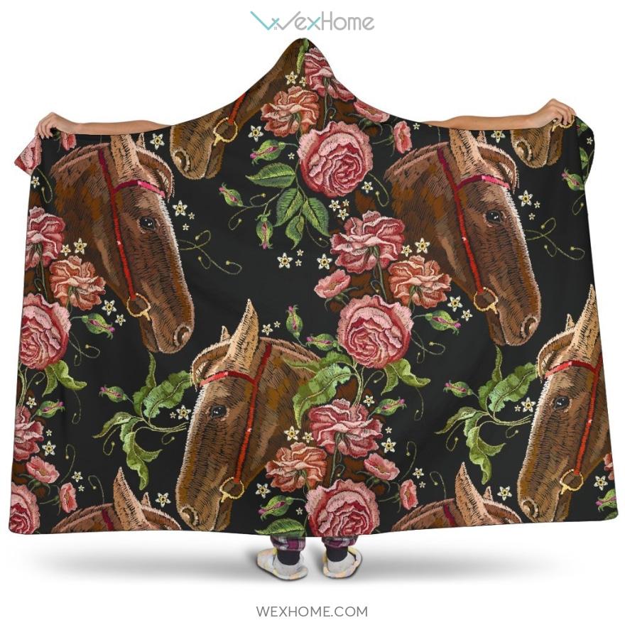 Horse Head Wild Roses Pattern Hooded Blanket