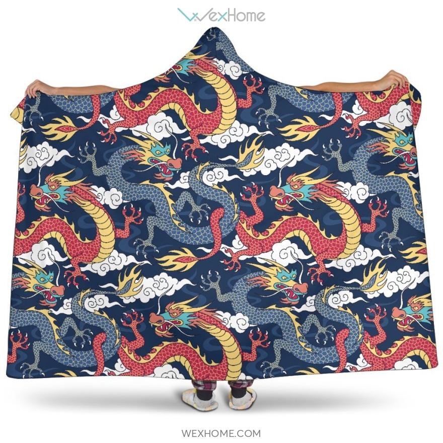 Blue Red Dragon Cloud Pattern Hooded Blanket