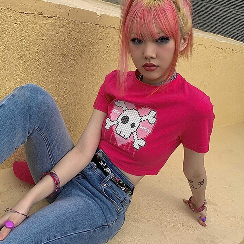 Heart Skull E-girl Crop Tee, punk style top sweet cute skull cartoon print Harajuku y2k kawaii T-shirt streetwear summer vintage women 2000s