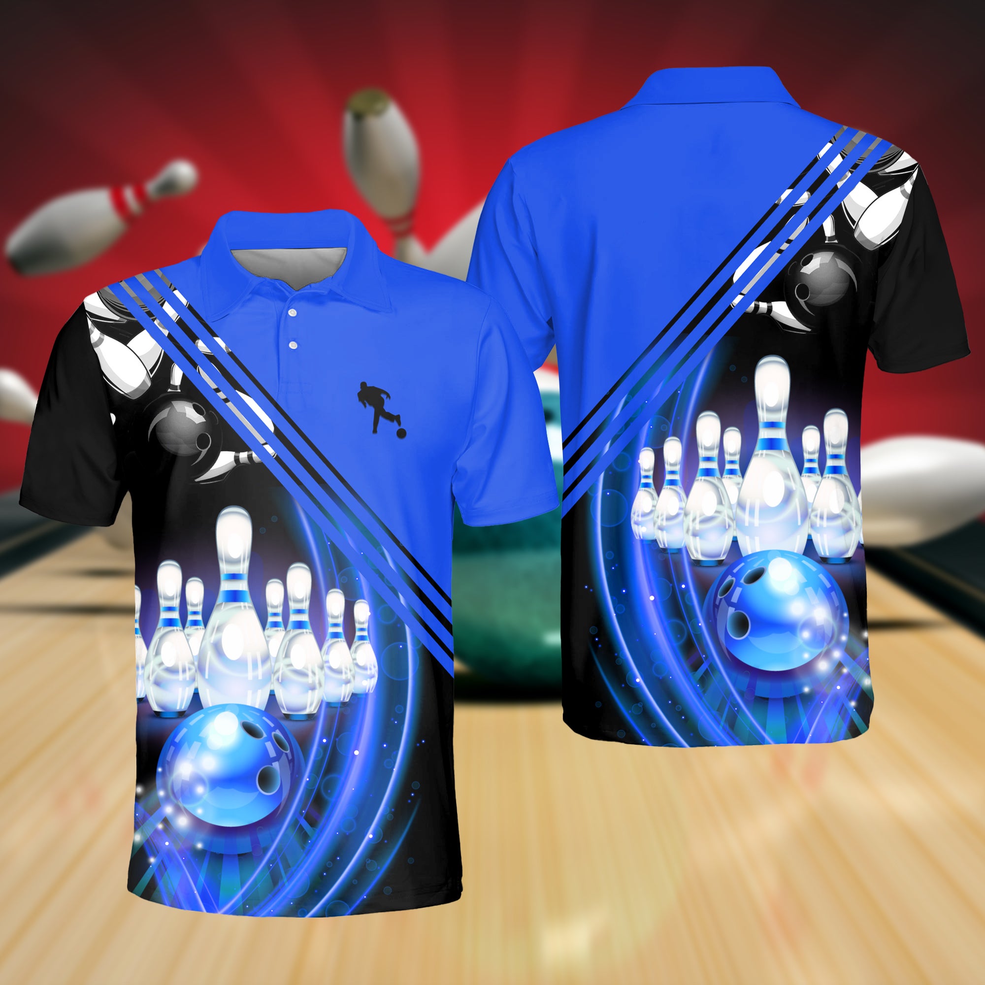 Blue Bowling Ball In Motion And The Pins 3D Polo Shirt
