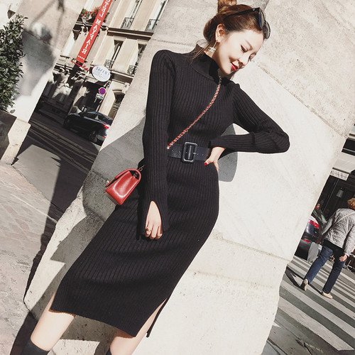 Autumn winter Knitting Dress Women Long Sleeve Turtleneck Sheath knee-Length Dress Winter Warm Slim Pullovers Sweater Dress alx