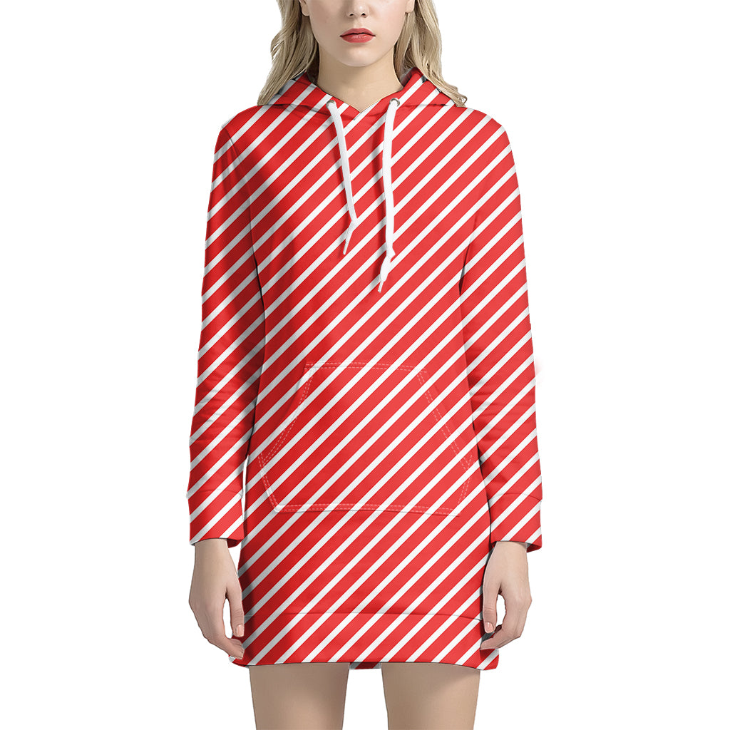 Red And White Candy Cane Pattern Print Women’S Pullover Hoodie Dress