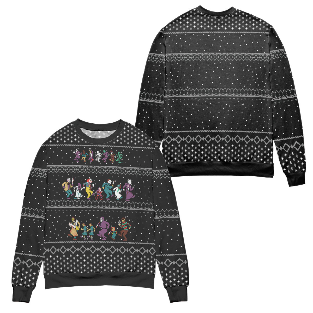 Pixel Horror Characters Snowy Night Ugly Christmas Sweater – All Over Print 3D Sweater – Black