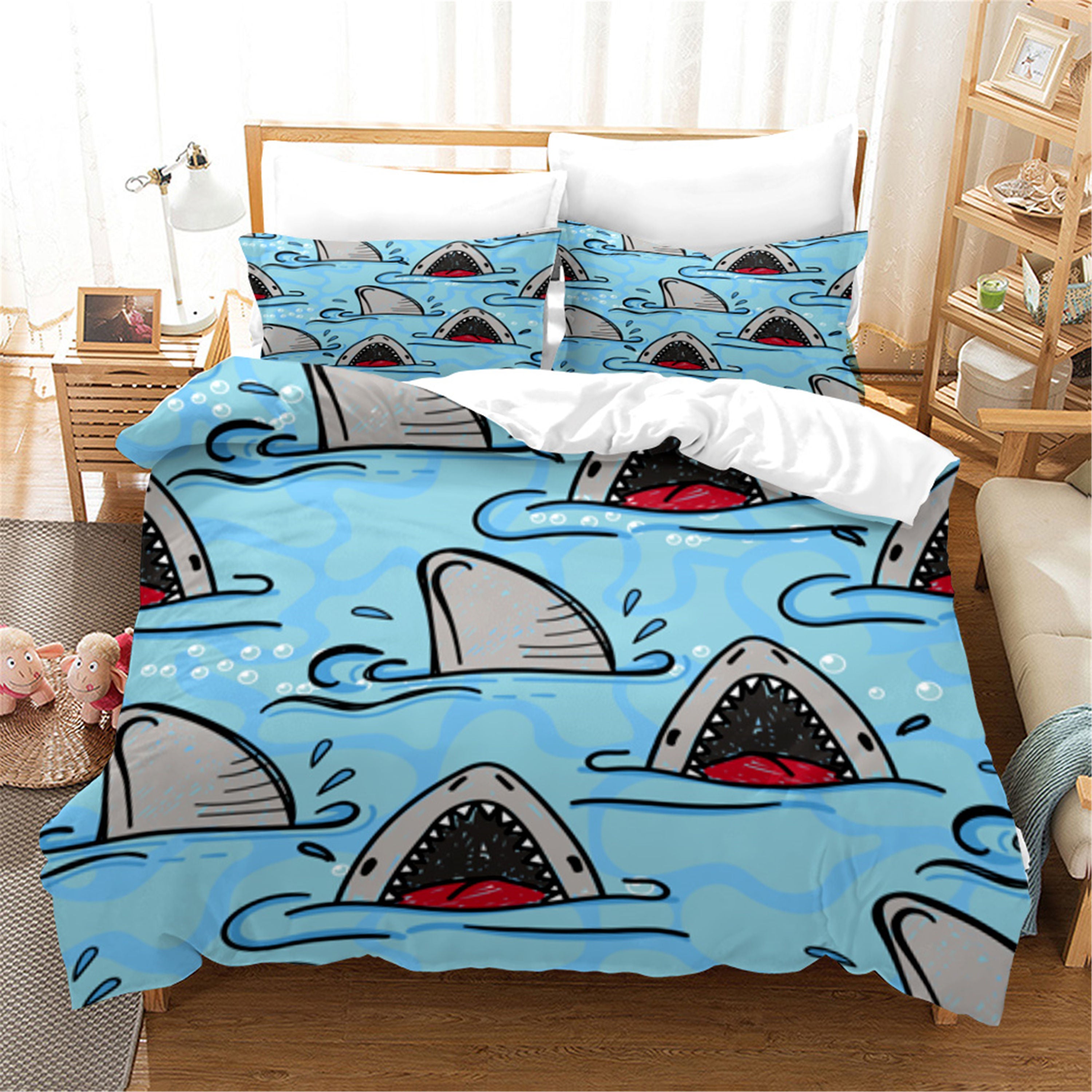 3D Cartoon Blue Sea Shark Animal Quilt Cover Set Bedding Set Duvet Cover Pillowcases 46