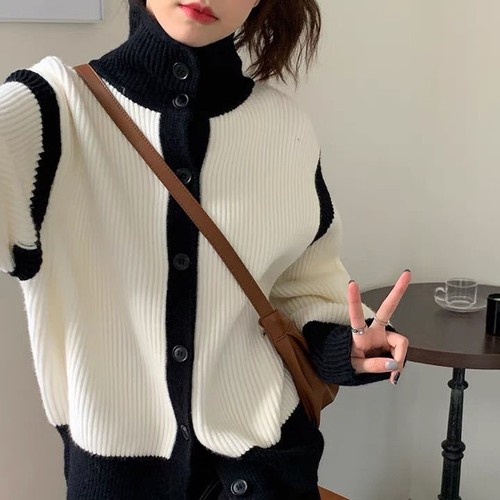 Women’s Sweaters 2022 Autumn Contrast Black Turtleneck Crop Cardigan Puff Long Sleeve Grey Knitwear Jacket Lazy Loose alx