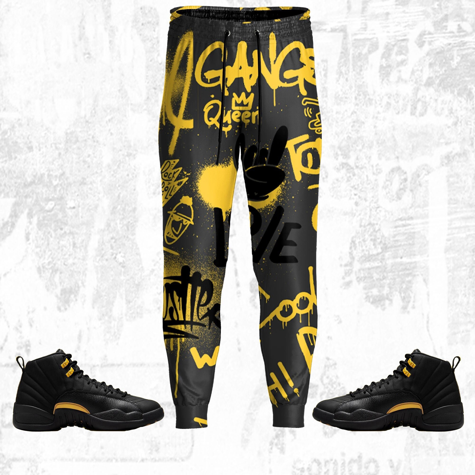 Doodle Style ST Unisex Pants match Jordan 12 Black Taxi, Pants 3D match Jordan Sneaker