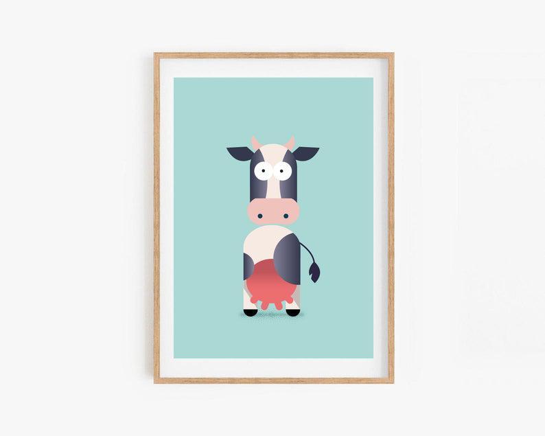 Illustrated Cow Print  Wall Art Prints Posters Pictures Kids Children’S Bedroom Nursery Home Decor Illustration