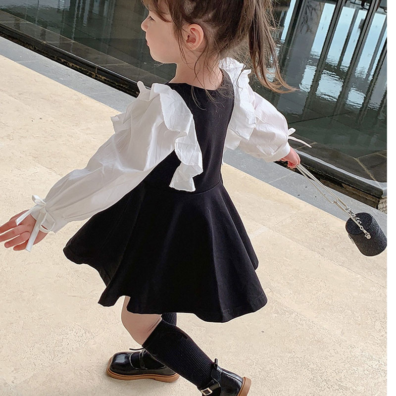 Spring Autumn New Girls’ Dress British Lace Black White Color Matching Long-Sleeved Princess Dress Baby Kids Children’S Clothing alx