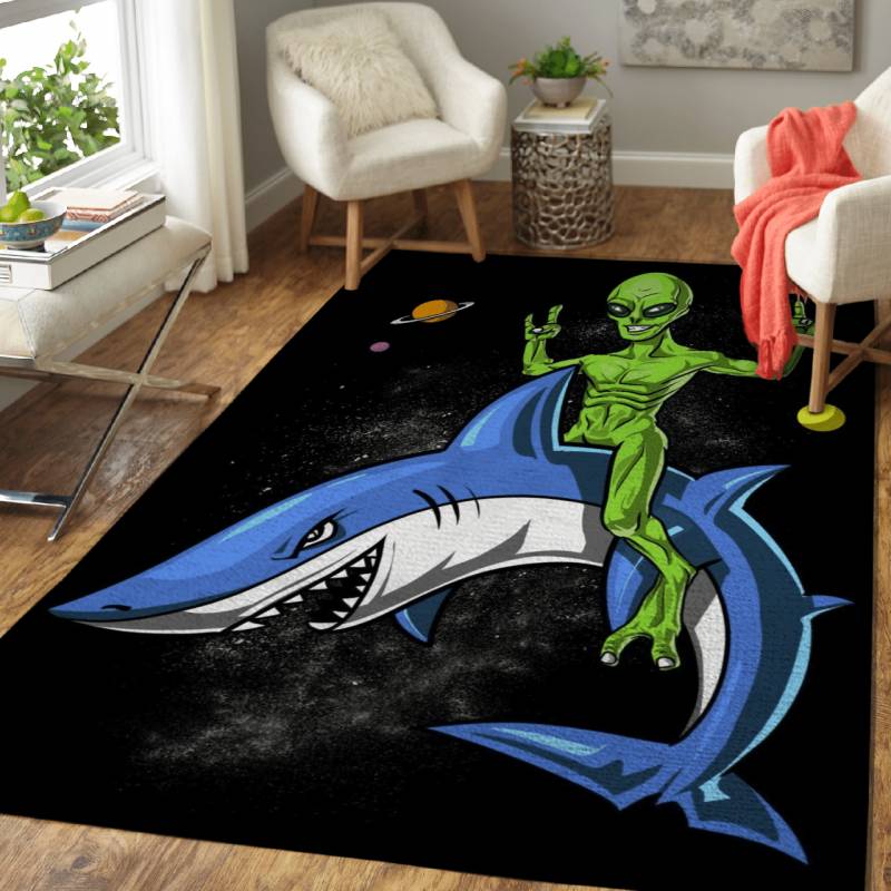 Space Alien Riding Shark   – Space Aliens Area Rug Carpet