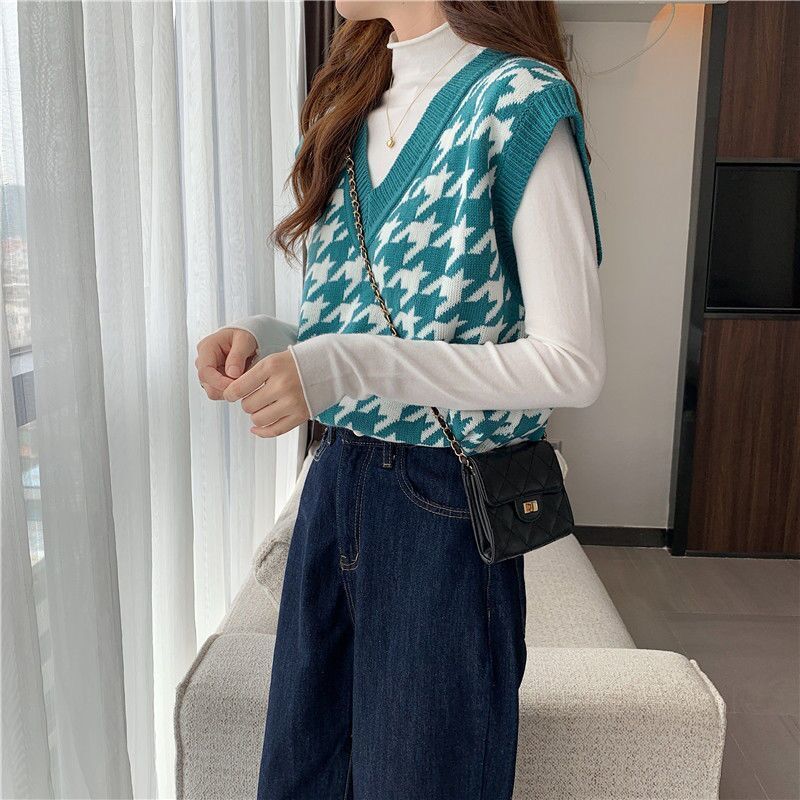 Sweater Vest Women Houndstooth Sleeveless V-neck Preppy College Fit Knitwear Fashion All-match Ulzzang Feminine Jumpers Chic Ins alx