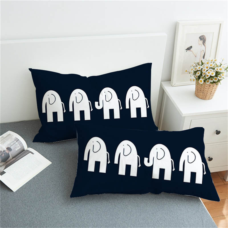 Cartoon White Baby Elephants Dark Blue Backdrop Pillowcase