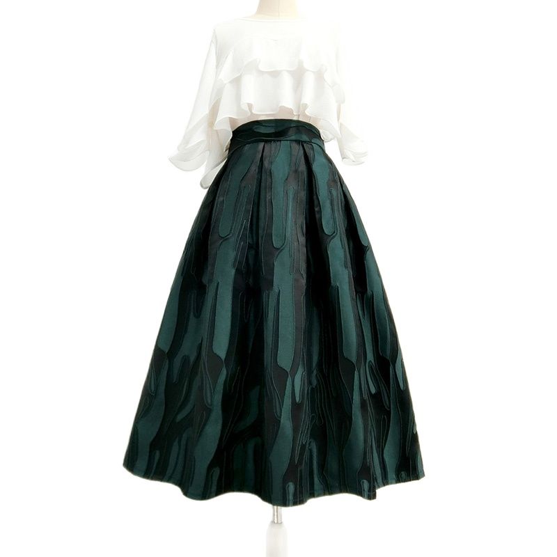 2022 Autumn Vintage Elegant Korean Women Dark Green Geometric Floral Print High Waist Long White Pleated Midi Skirt Fall Outfit alx