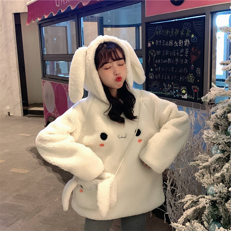 Winter Autumn Girls Women Cute Thicken Rabbit Plush Sweatshirt Hooded Long Sleeve Hoody Fashion Solid Velvet Female Clothes alx