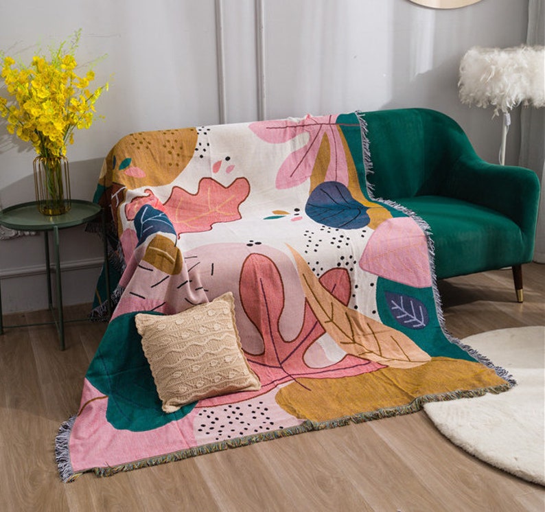 Cartoon Leaves Jacquard Vintage Retro Style Couch Sofa Blanket,  Woven Throw Blanket Home Decor