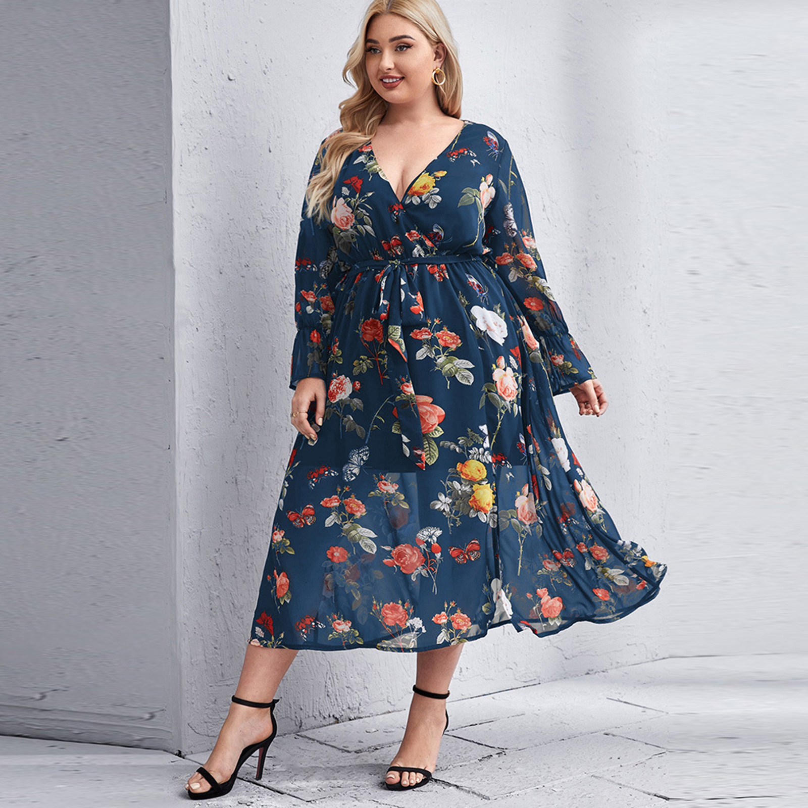 Women Floral Print Large Plus Size Midi Dresses Chic Chiffon Boho Dress Long Sleeves Evening Party Holiday alx