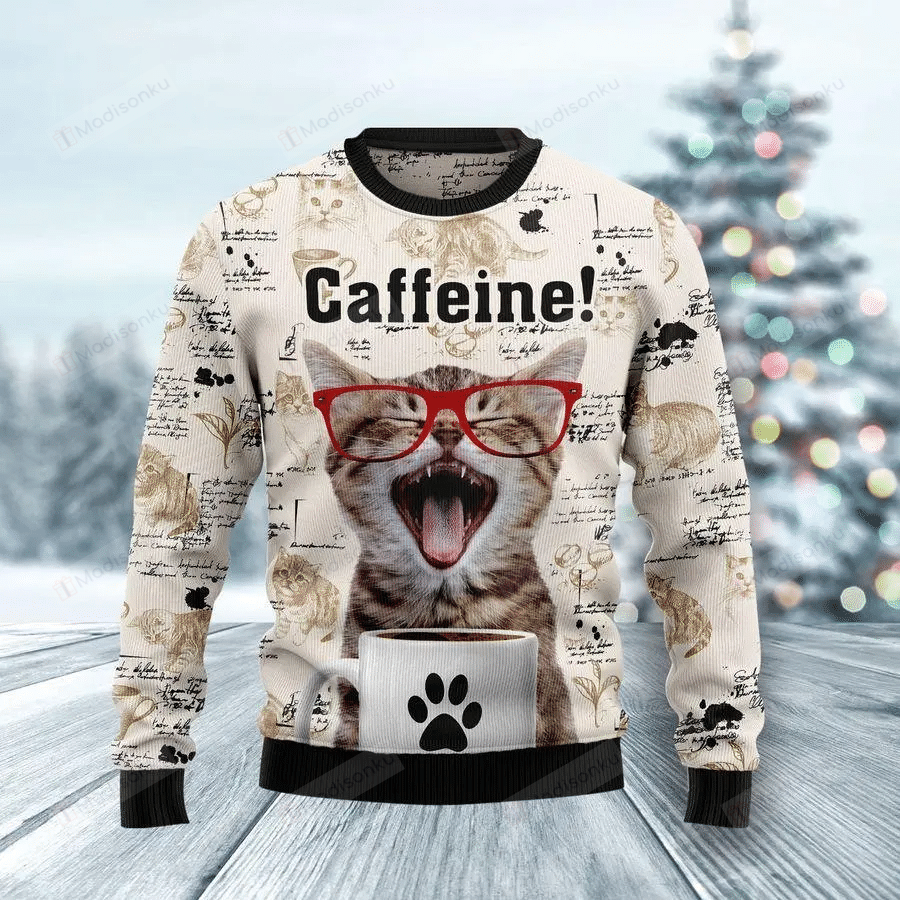 Catfeine Cat And Coffee For Unisex Ugly Christmas Sweater, All Over Print Sweatshirt