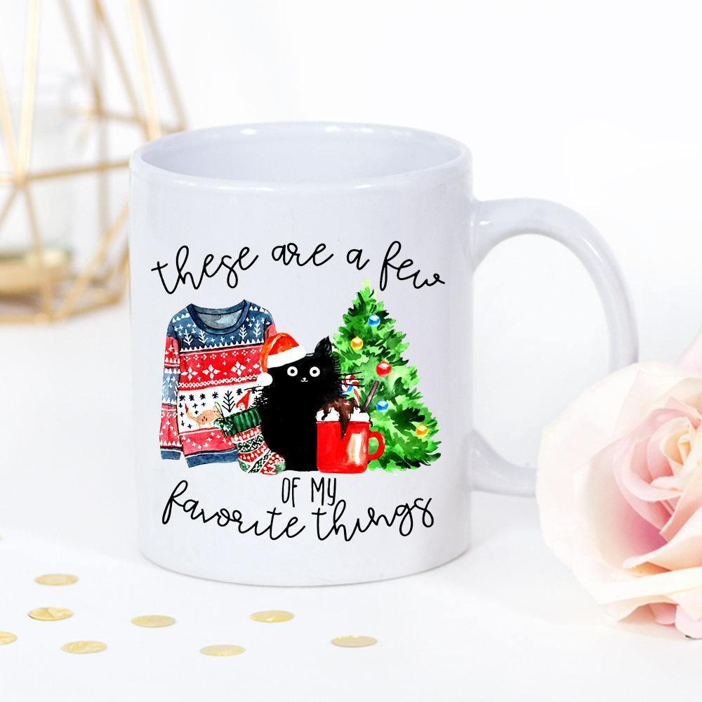 Black Cat There Are Few Favorite Things Xmas Tree Ornament Coffee Candy Cane White Mug