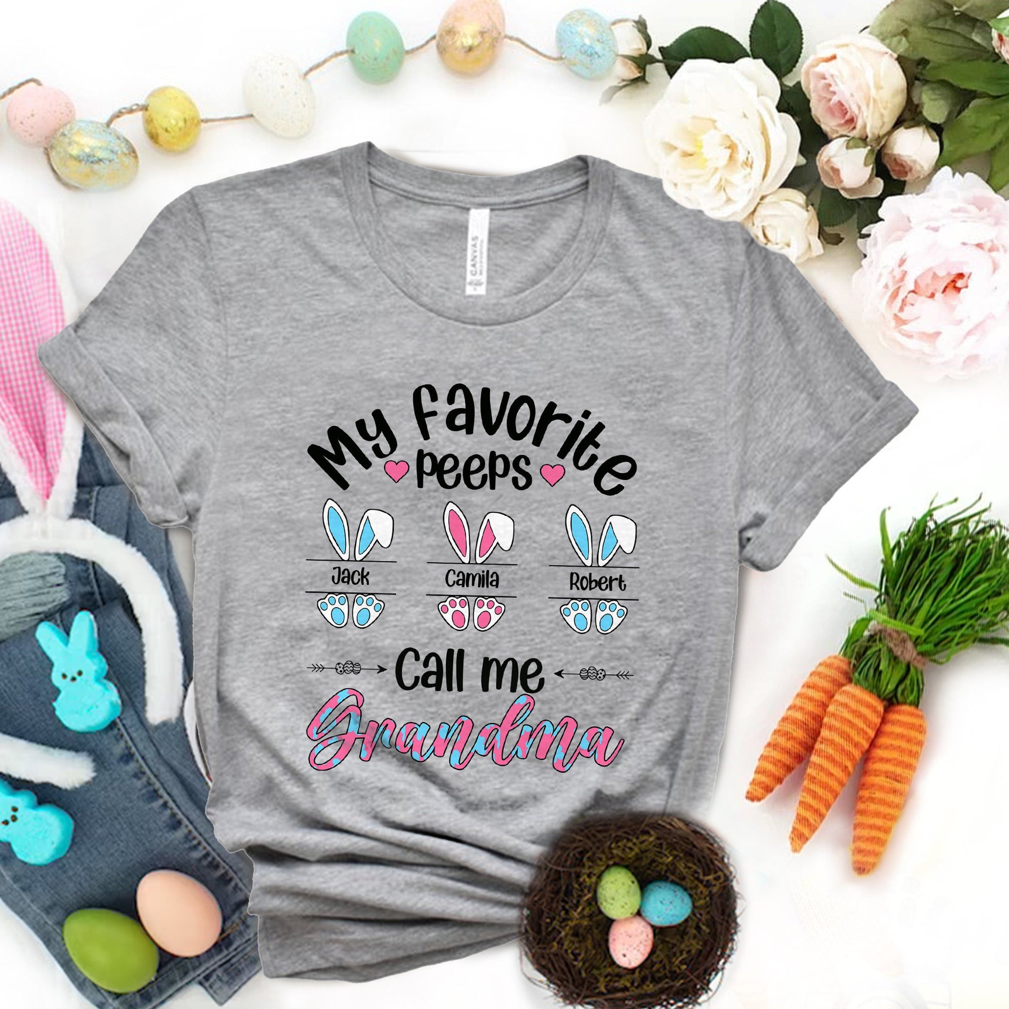 Personalized Grandma Easter Day T-Shirt, My Favorite Peeps Call Me Grandma Tshirt, Cute Bunny Grandkids Shirt, Nana Easter’S Day Shirt