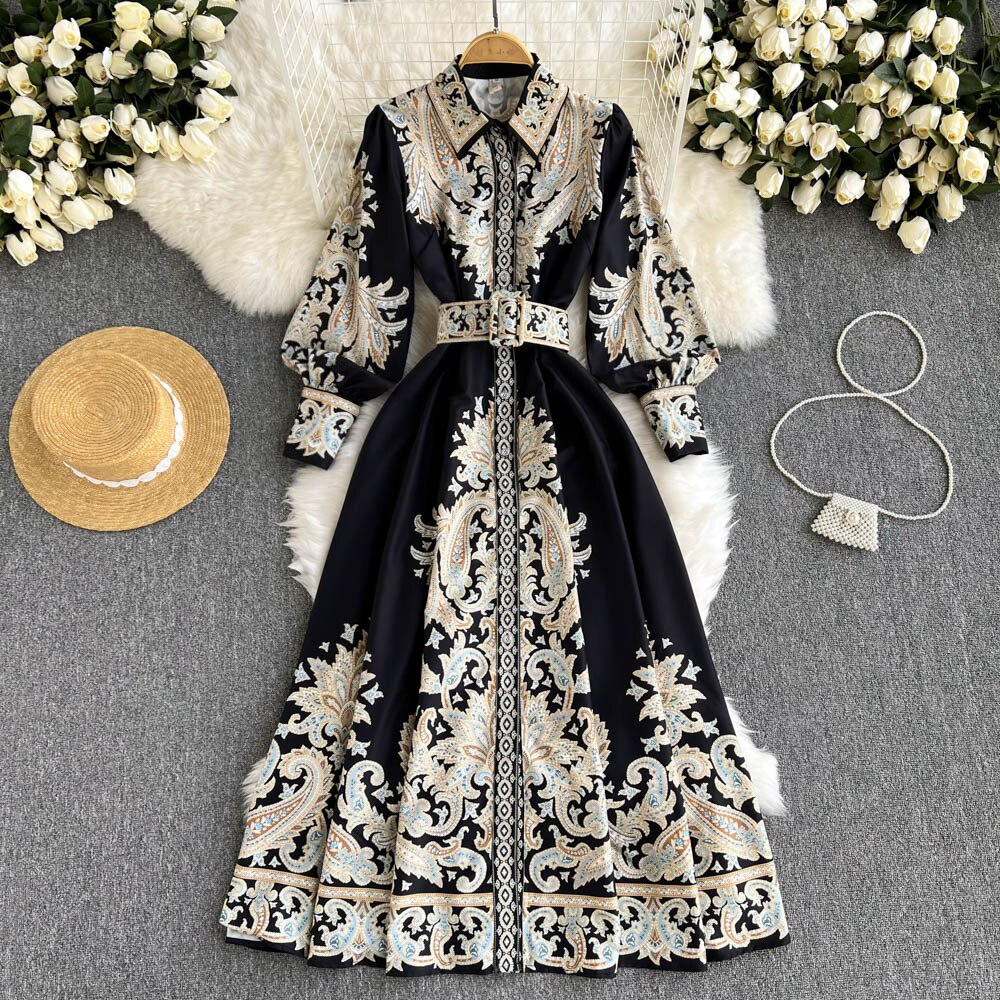 Vestidos Women Palace Retro Printing Dress Autumn And Winter Long Sleeve Elegant Single Breasted A-Line Shirts Dresses Robe alx