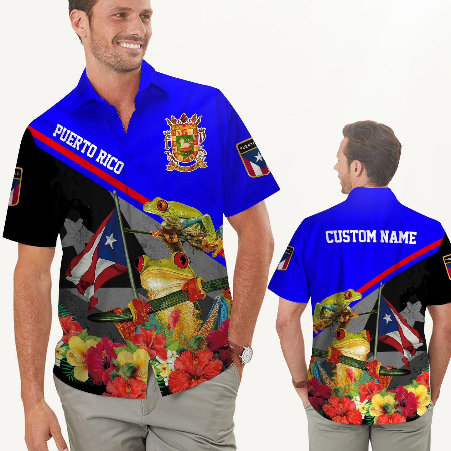 Beach Shirt Puerto Rico Coqui Frog And Hibiscus Custom Name Men Hawaiian Shirt For Puerto Ricans