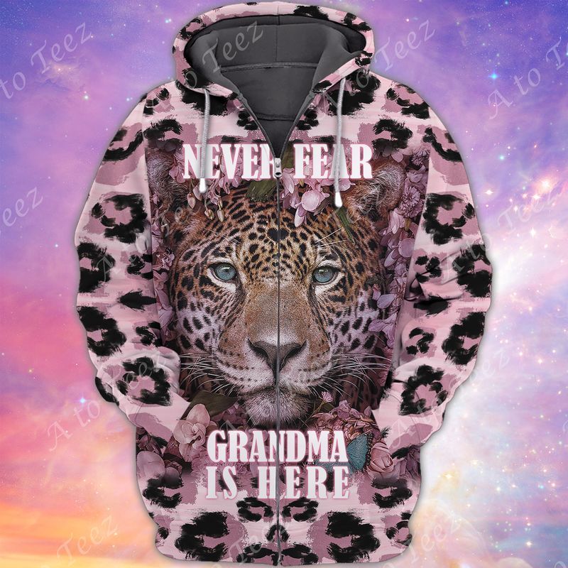 Never Fear Grandma Is Here Leopard Cute 3D Full Print Zipper Hoodie