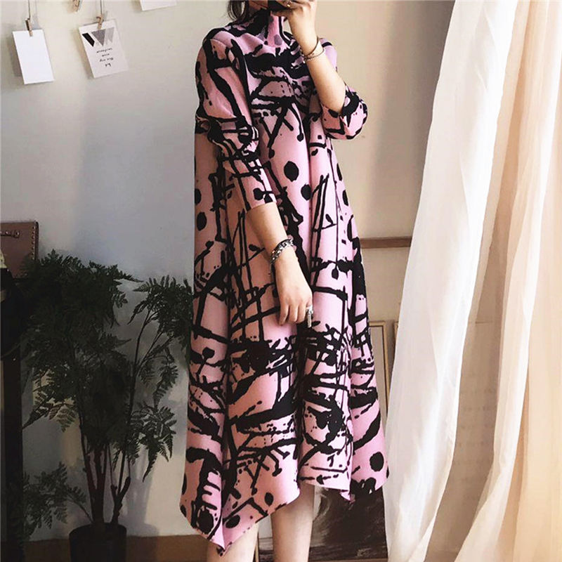 2021 spring and summer fashion high-neck age reduction base new temperament printing loose pleated dress alx