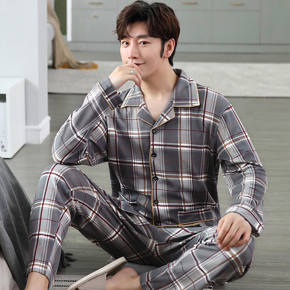 100% Cotton Pijama for Men Plaid Autumn Winter Sleepwear Pajamas Pyjamas Set 3XL Casual Striped Male Homewear Home Clothes alx