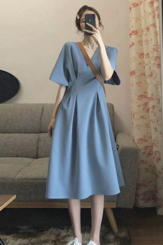 Solid Casual Short Sleeve Dress Women V-neck Batwing Sleeve A-line Draped Office Ladies Summer Korean Style Knee-Length Vestido alx