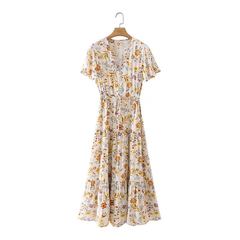 Vintage Boho Floral Print Long Dress V Neck Short Sleeve Elastic Waist Button Down Maxi Hippie Mujer Vestidos Casual Dresses alx