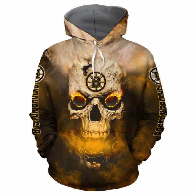 Men / Women New Design Boston Bruins Full Print 3D Skull Hoodie, Boston Bruins All Over Print Skull Apparel