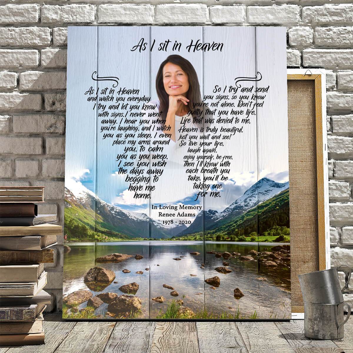 As I Sit In Heaven, Mountain Gem Background, Personalized Photo Memorial Poster Canvas, Gift For Family Gift for Remembrance Home Decor Wall Art Visual Art