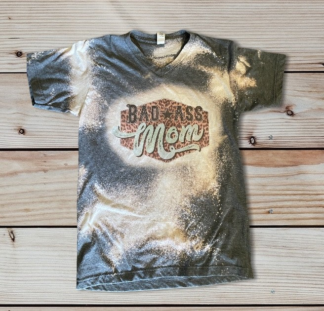 Bad Ass Mom Leopard Bleached Dye Canvas V-Neck Girlie T Shirt