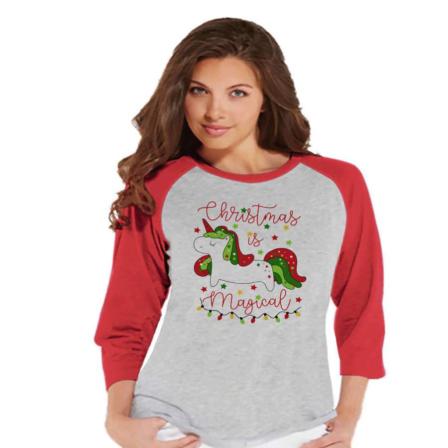 Women’s Unicorn Shirt – Christmas is Magical – Merry Christmas Unicorn T-shirt – Womens Red Raglan – Xmas Unicorn – Gift for Her – Lights