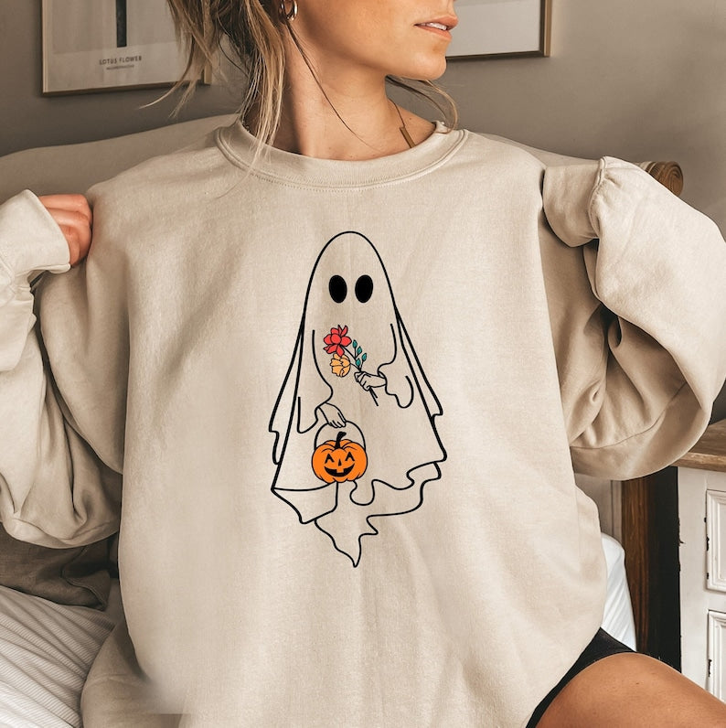 Vintage Halloween Sweatshirt, Ghost Halloween Crewneck Sweatshirt All Over Print Sweatshirt For Women Sweatshirt For Men