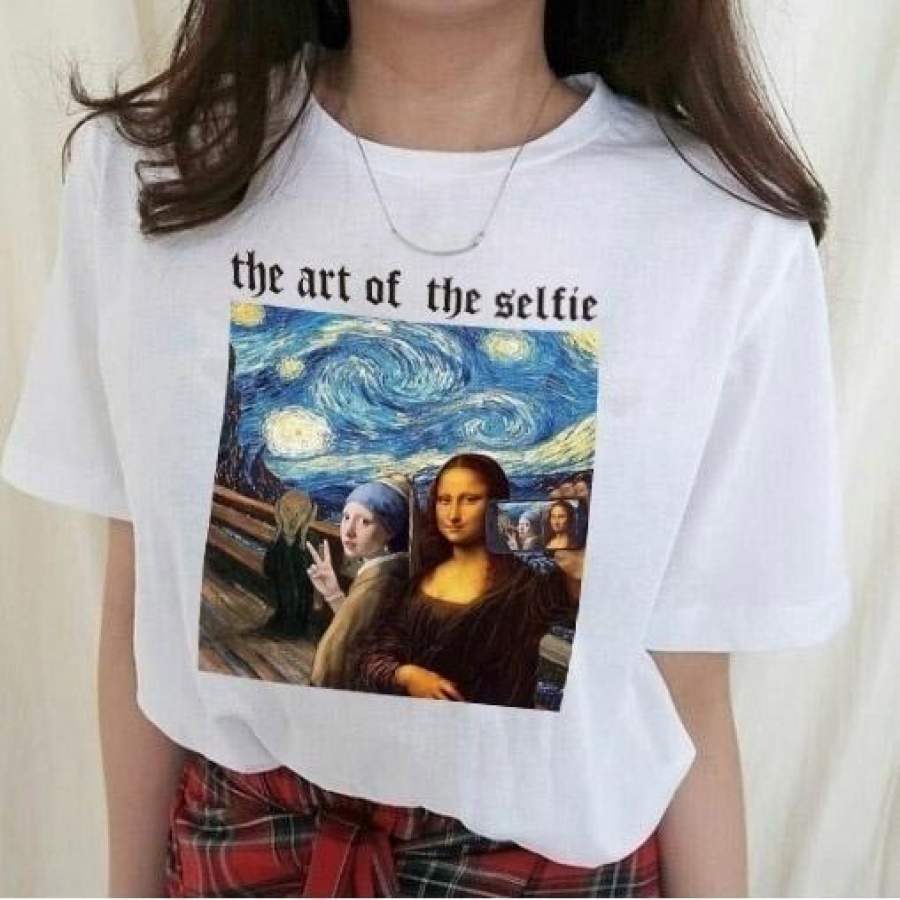 1pcs The Art of the Selfie Funny Tees Het Meisje Met De Parel Mona Lisa Starry Night Art Printed T Shirt Women Short Sleeve Van Gogh Da Vinvi Tee Tops