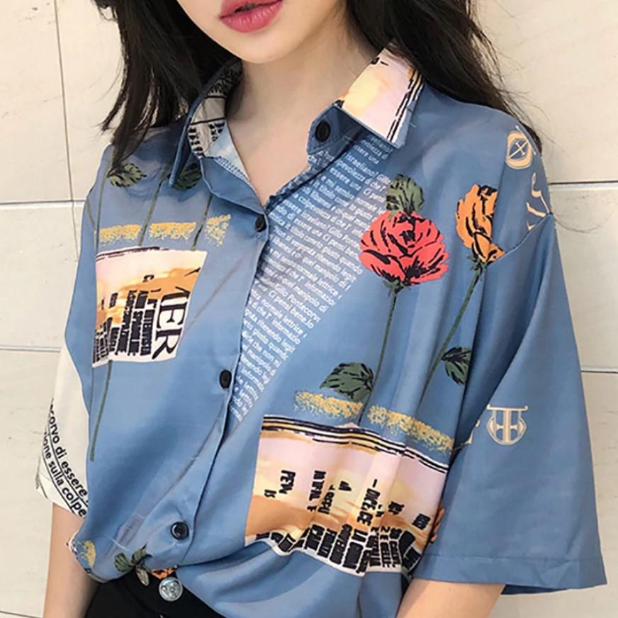 E-Girl Blue Shirt Flowers Print