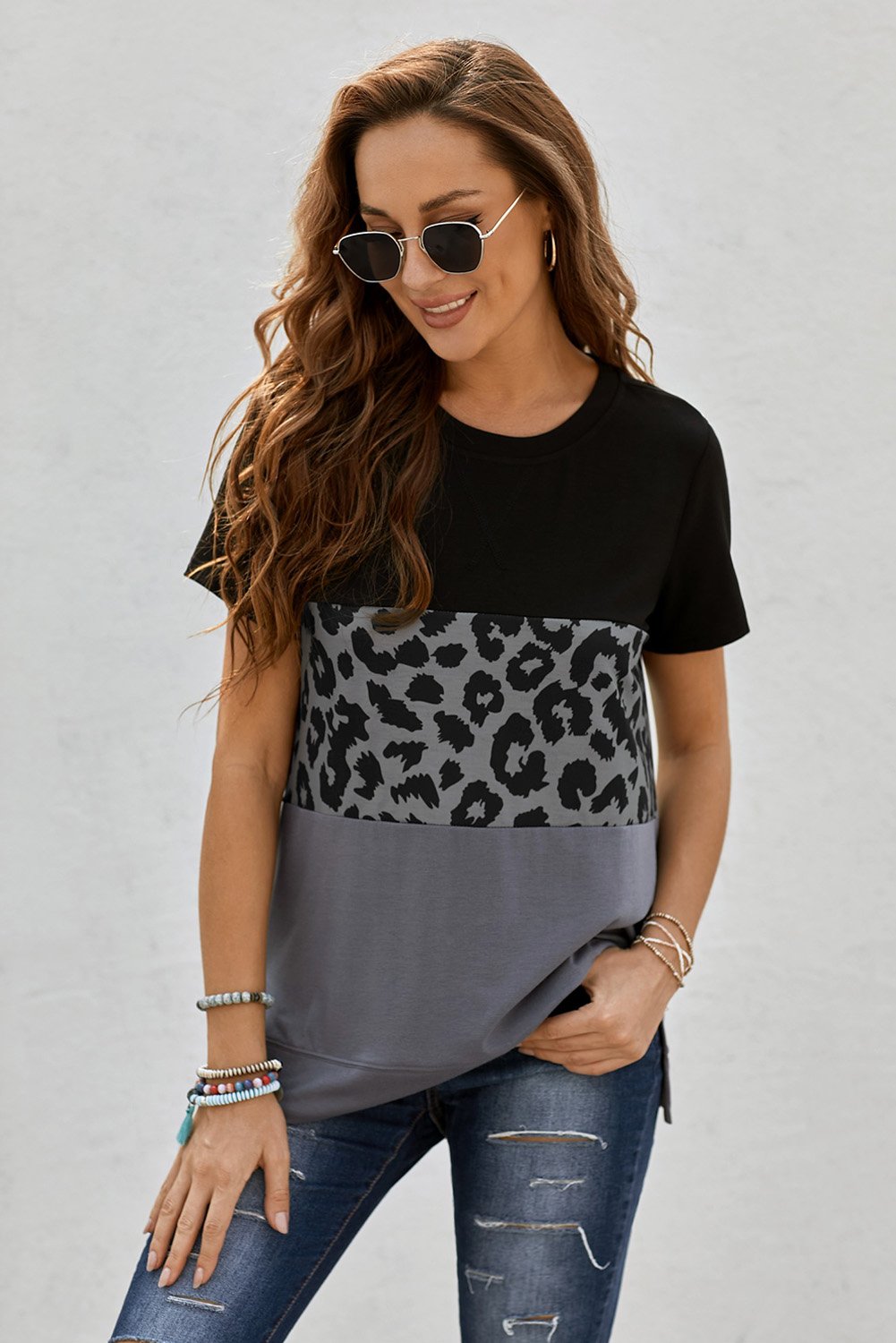 Azura Exchange Black Leopard Print Color Block Short Sleeve T-Shirt