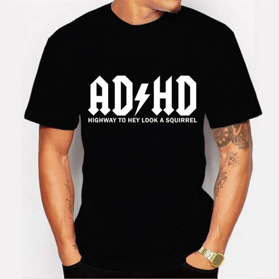 Summer Men’S Fashion T Shirt Personalized Simple Adhd Letter Printed Black Short-Sleeved Round Neck T-Shirt