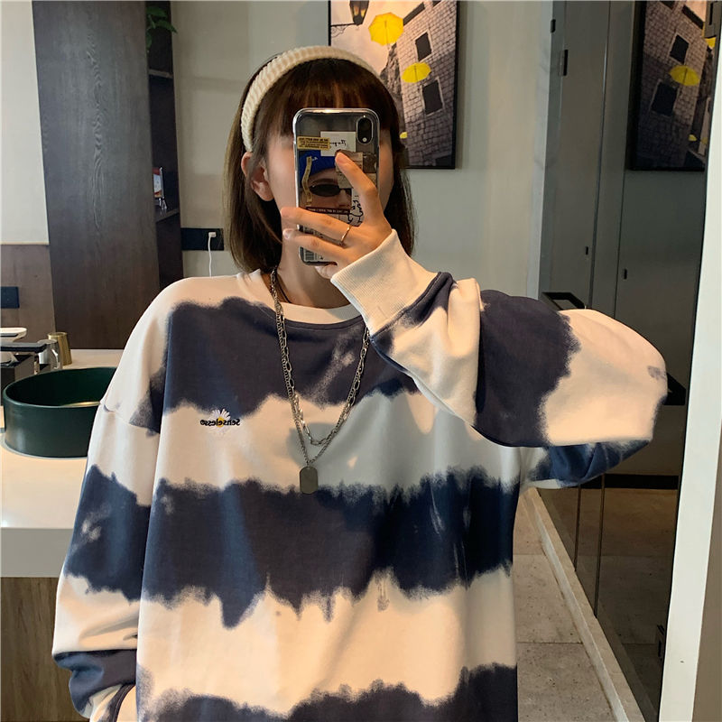 Women’s Tie Dye Striped Sweater Hoodies 2022 Autumn Winter Korean Version Loose O Neck Long Sleeve T Shirt Street Style Tops alx