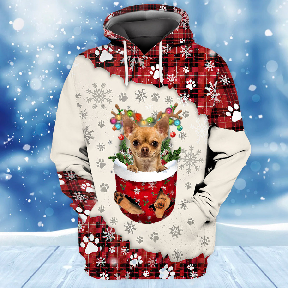 Tan Chihuahua In Snow Pocket Merry Christmas Unisex Hoodie