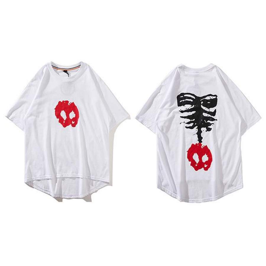 Red Skull Men Hip Hop Skeleton Print Summer Street wear T shirt Short Sleeve Cotton Skateboard Top Tee Black