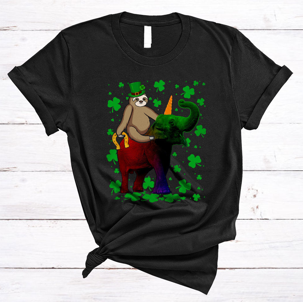 Leprechaun Sloth Riding Colorful Elephant Unicorn Cool St. Patrick’S Day Shamrock Sloth Elephant T-Shirt